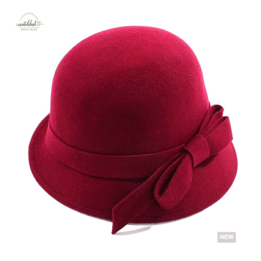 Wool Felt Fedora Hat with Bow, Adjustable Drawstring, Vintage Cloche Style
